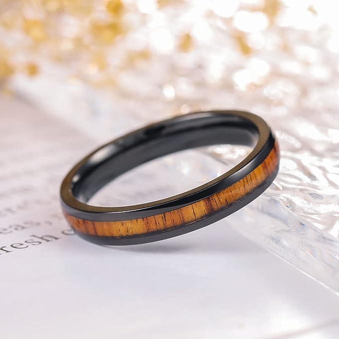 Genuine Titanium Black 4mm Ring Center Inlaid Rosewood Wedding Band  Hammered Wood Titanium Rings