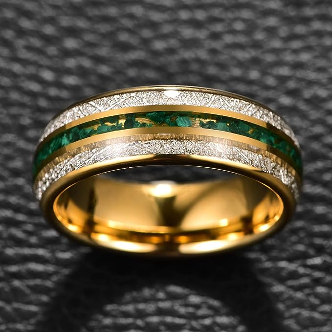 Genuine Carbide Tungsten Color: Gold 8mm RING  Green Gravel imitation Meteorite Inner high polished inner-face design smooth and shiny. Comfort Fit Wedding Band Size 6-15