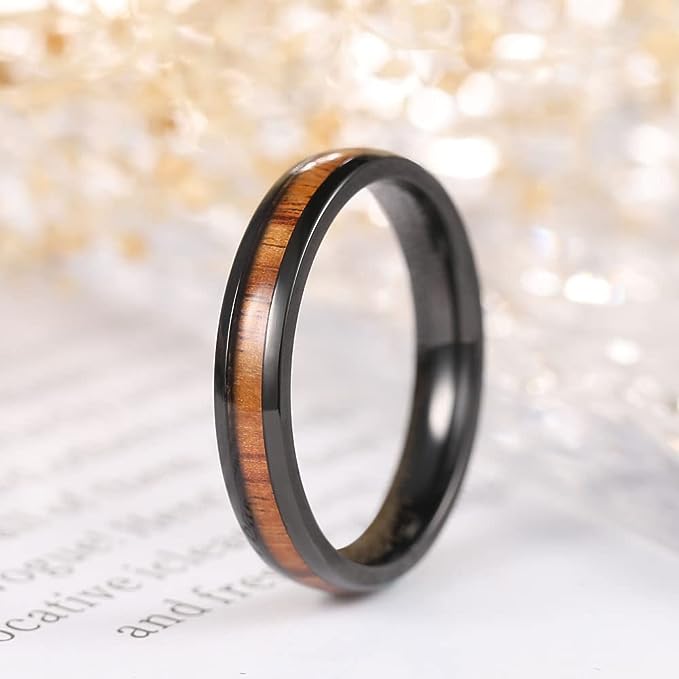 Genuine Titanium Black 4mm Ring Center Inlaid Rosewood Wedding Band  Hammered Wood Titanium Rings