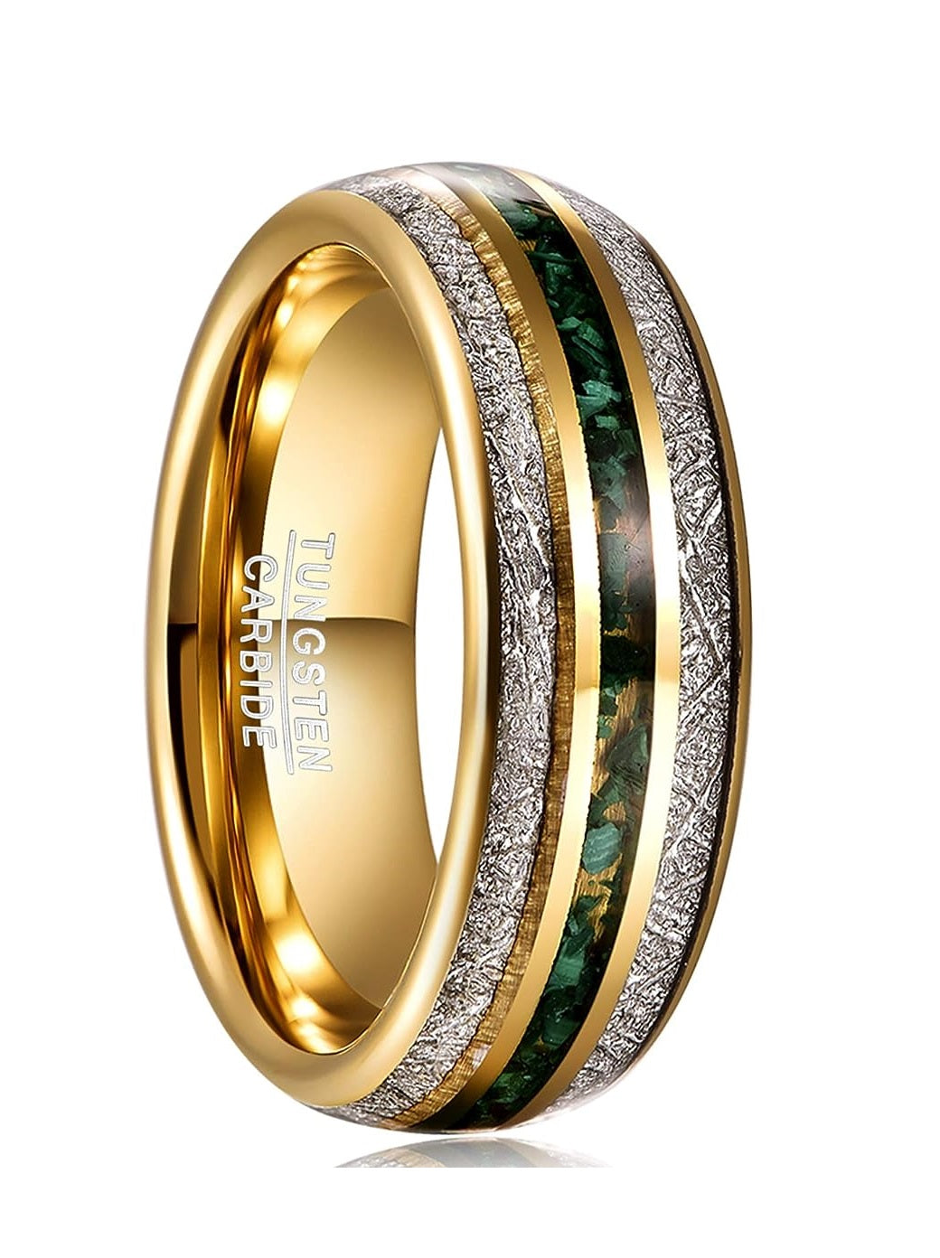 Genuine Carbide Tungsten Color: Gold 8mm RING  Green Gravel imitation Meteorite Inner high polished inner-face design smooth and shiny. Comfort Fit Wedding Band Size 6-15