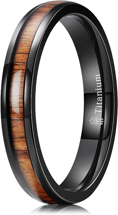 Genuine Titanium Black 4mm Ring Center Inlaid Rosewood Wedding Band  Hammered Wood Titanium Rings