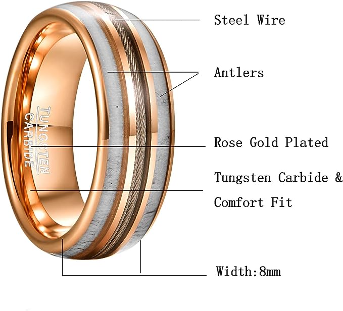 Genuine Carbide Tungsten Color: 8mm Rose Gold RING  Guitar Wire string Antlers Inner high polished inner-face design smooth and shiny. Comfort Fit Wedding Band Size 6-15