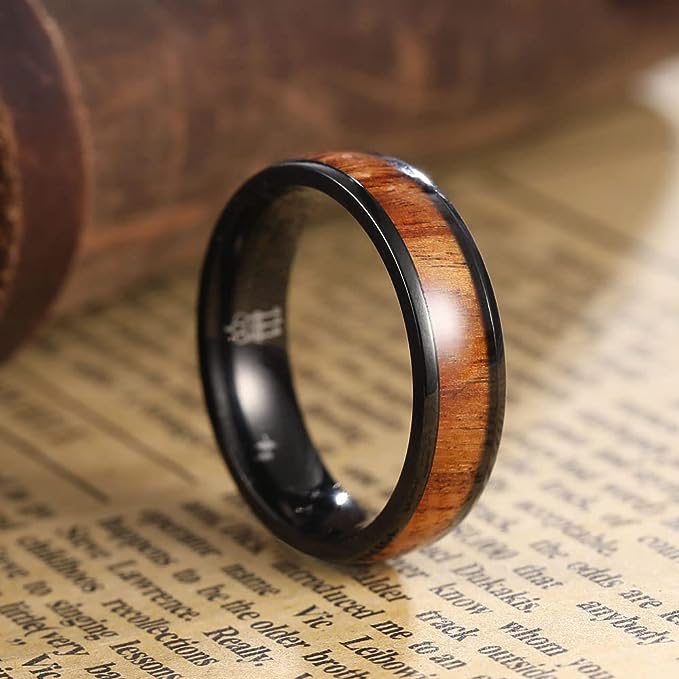 Genuine Titanium Black 6mm Ring Center Inlaid Rosewood Wedding Band  Hammered Wood Titanium Rings Polish Comfort Fit