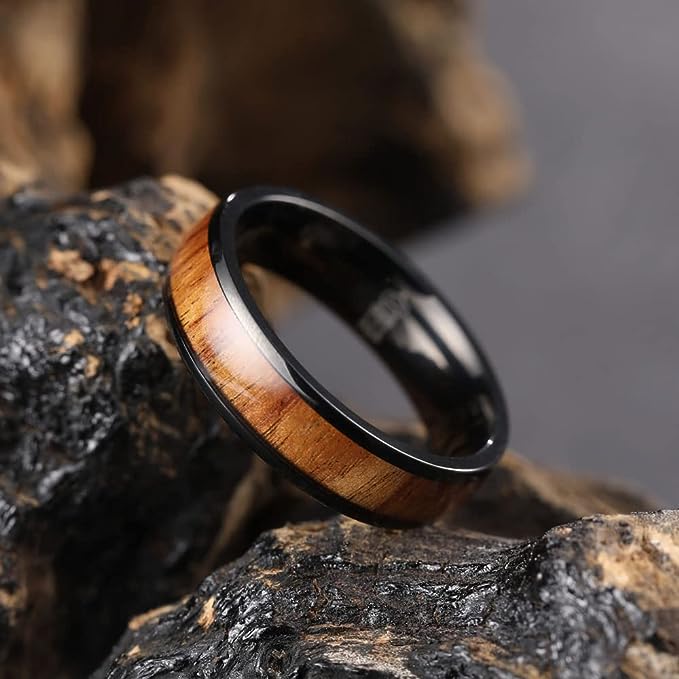 Genuine Titanium Black 6mm Ring Center Inlaid Rosewood Wedding Band  Hammered Wood Titanium Rings Polish Comfort Fit