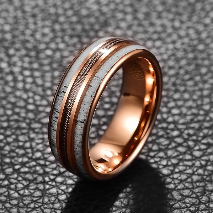 Genuine Carbide Tungsten Color: 8mm Rose Gold RING  Guitar Wire string Antlers Inner high polished inner-face design smooth and shiny. Comfort Fit Wedding Band Size 6-15