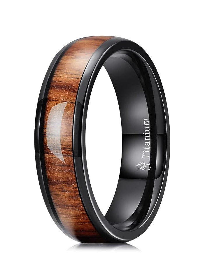 Genuine Titanium Black 6mm Ring Center Inlaid Rosewood Wedding Band  Hammered Wood Titanium Rings Polish Comfort Fit