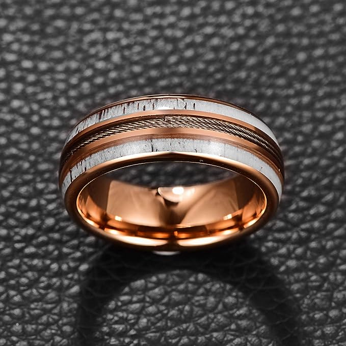 Genuine Carbide Tungsten Color: 8mm Rose Gold RING  Guitar Wire string Antlers Inner high polished inner-face design smooth and shiny. Comfort Fit Wedding Band Size 6-15