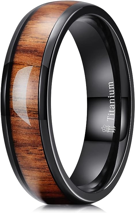 Genuine Titanium Black 6mm Ring Center Inlaid Rosewood Wedding Band  Hammered Wood Titanium Rings Polish Comfort Fit