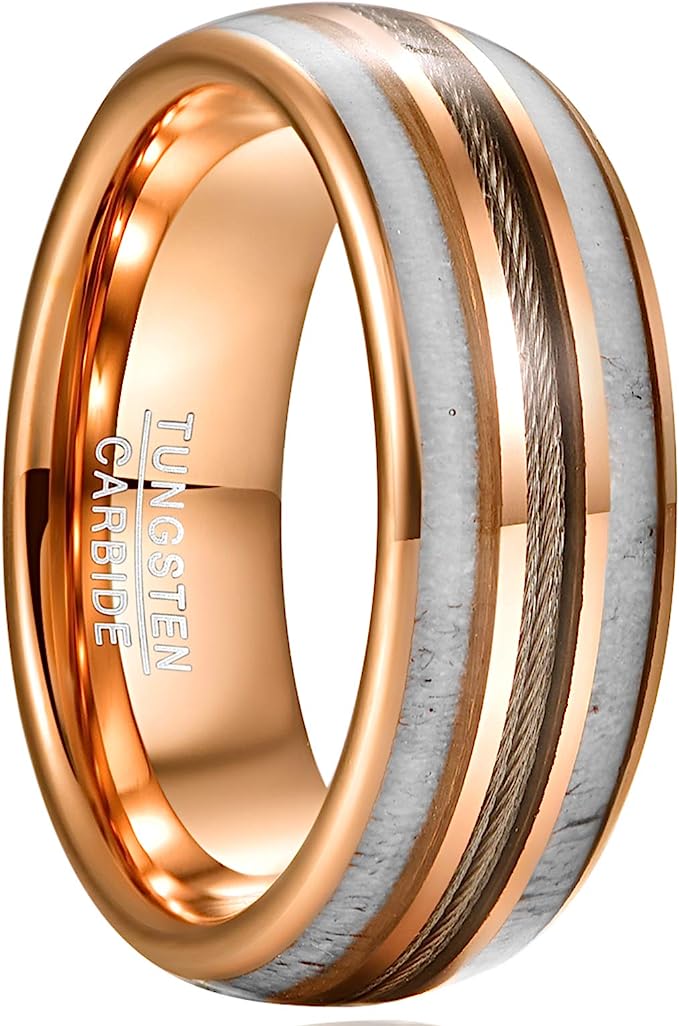 Genuine Carbide Tungsten Color: 8mm Rose Gold RING  Guitar Wire string Antlers Inner high polished inner-face design smooth and shiny. Comfort Fit Wedding Band Size 6-15