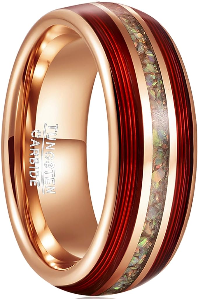 Genuine Carbide Tungsten Color: 8mm Rose Gold RING RED Guitar strings, Crushed Fire Opal Inner high polished inner-face design smooth and shiny. Comfort Fit Wedding Band Size 6-15