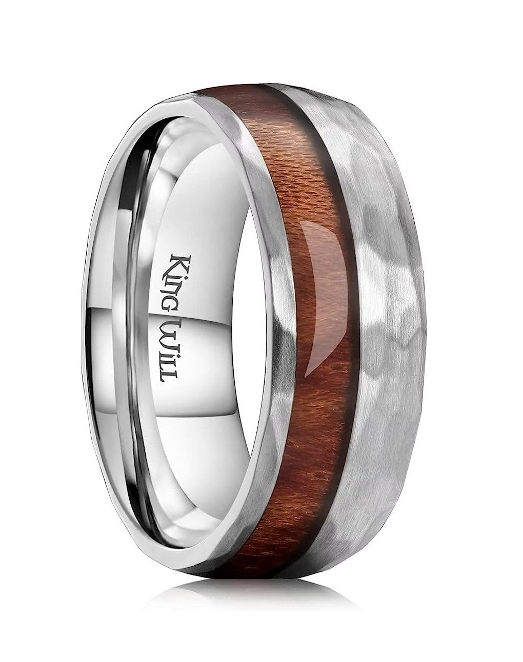 Genuine Titanium Silver 8mm Ring Center Inlaid Wood Wedding Band for Men Hammered Wood Titanium Rings Polish Comfort Fit