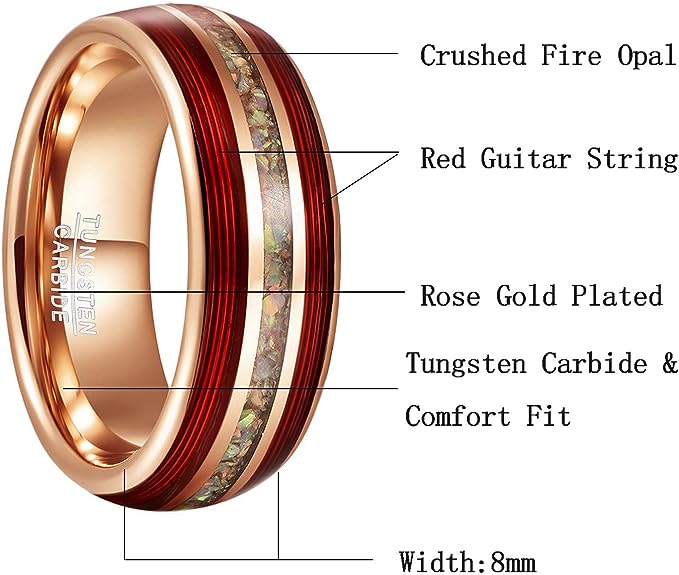 Genuine Carbide Tungsten Color: 8mm Rose Gold RING RED Guitar strings, Crushed Fire Opal Inner high polished inner-face design smooth and shiny. Comfort Fit Wedding Band Size 6-15