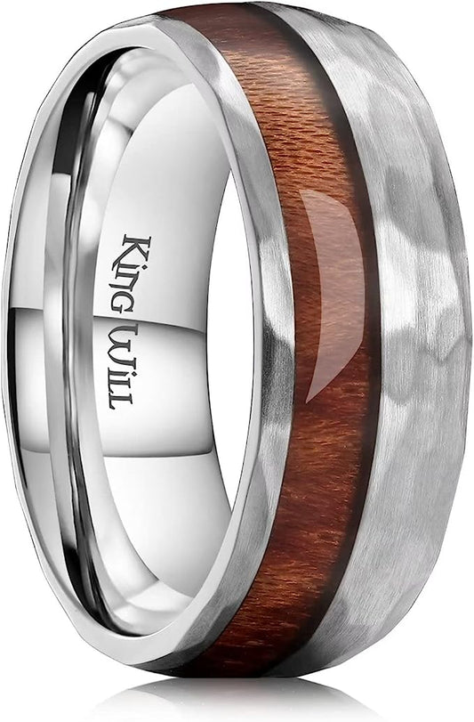 Genuine Titanium Silver 8mm Ring Center Inlaid Wood Wedding Band for Men Hammered Wood Titanium Rings Polish Comfort Fit