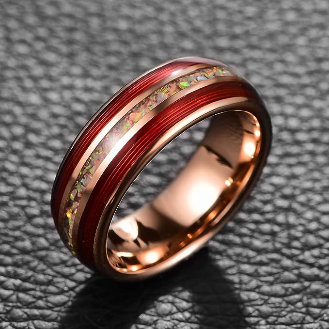 Genuine Carbide Tungsten Color: 8mm Rose Gold RING RED Guitar strings, Crushed Fire Opal Inner high polished inner-face design smooth and shiny. Comfort Fit Wedding Band Size 6-15