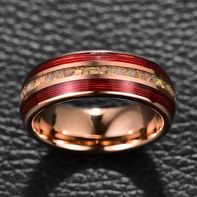 Genuine Carbide Tungsten Color: 8mm Rose Gold RING RED Guitar strings, Crushed Fire Opal Inner high polished inner-face design smooth and shiny. Comfort Fit Wedding Band Size 6-15