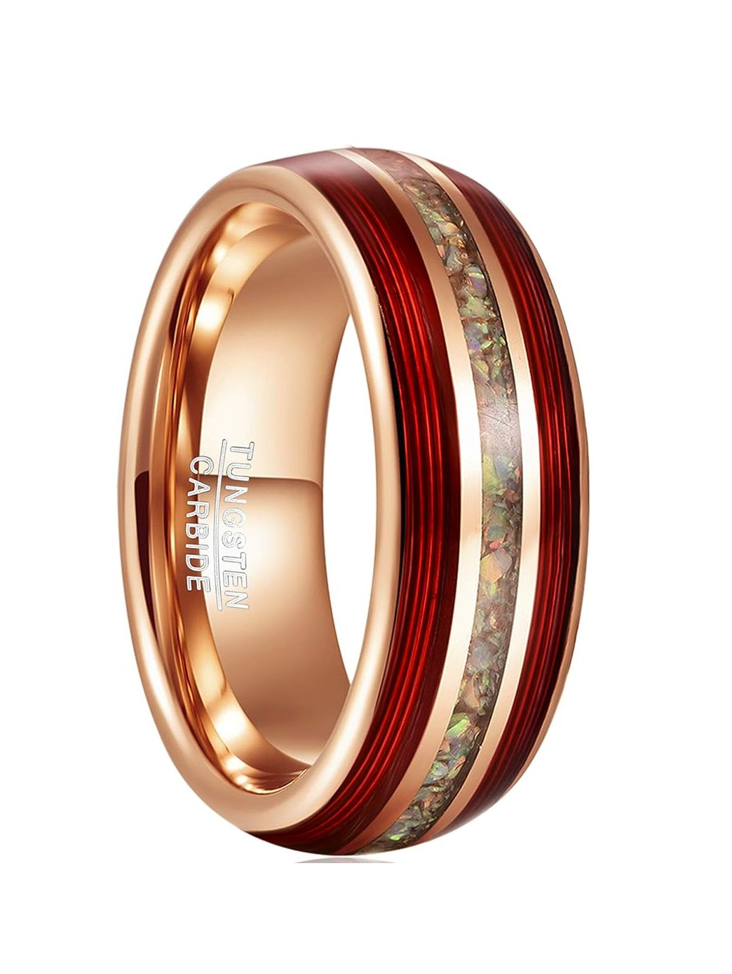 Genuine Carbide Tungsten Color: 8mm Rose Gold RING RED Guitar strings, Crushed Fire Opal Inner high polished inner-face design smooth and shiny. Comfort Fit Wedding Band Size 6-15