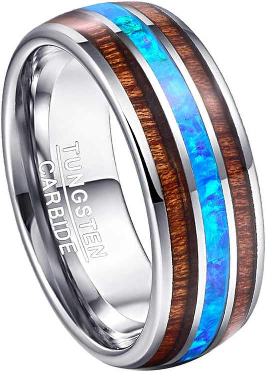 Genuine Carbide Tungsten Color: Silver 8mm Gorgeous Genuine blue opal and koa wood inlay set on the dome style tungsten carbide band