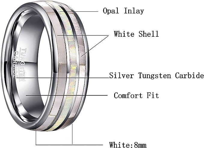 Genuine Carbide Tungsten Color: 8mm RING Opal White Shell SILVER Inner high polished inner-face design smooth and shiny. Comfort Fit Wedding Band Size 6-15