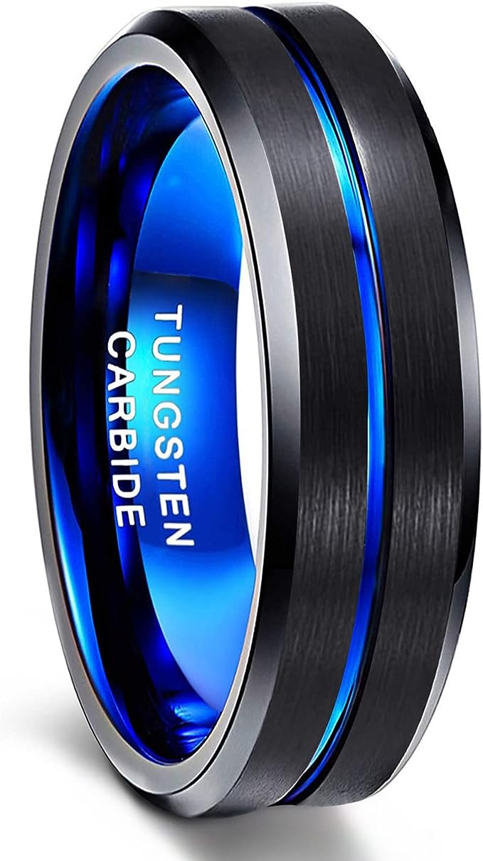 Genuine Tungsten Carbide -Black Brushed Blue Line Center -Band Width 6mm Ring Comfort fit