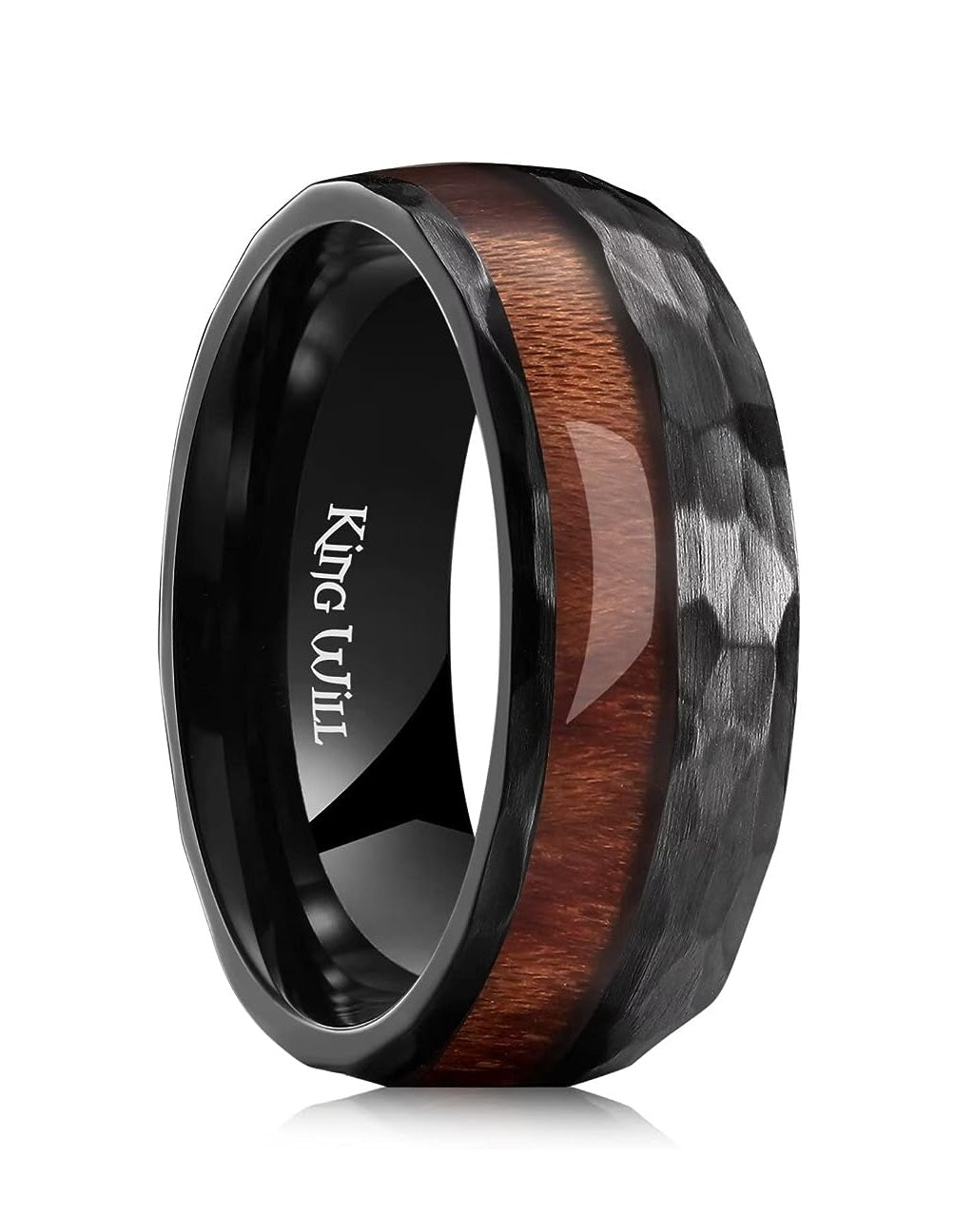 Genuine Titanium Black Ring Center Inlaid Wood Wedding Band for Men Hammered Wood Titanium Rings Polish Comfort Fit