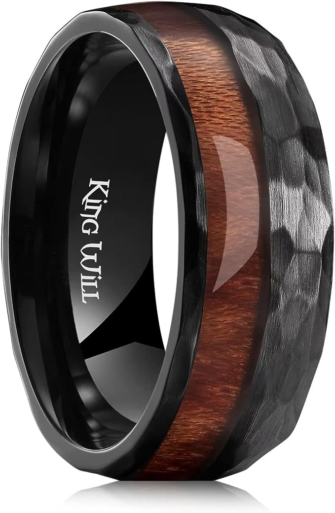 Genuine Titanium Black Ring Center Inlaid Wood Wedding Band for Men Hammered Wood Titanium Rings Polish Comfort Fit