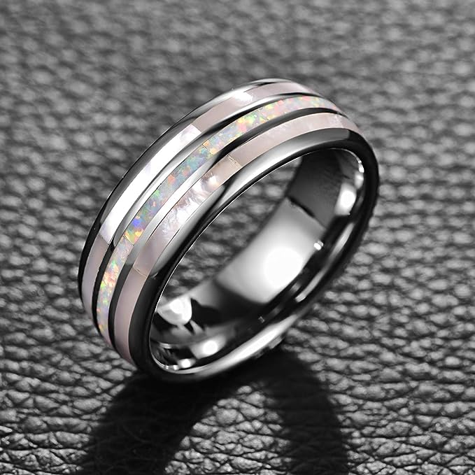 Genuine Carbide Tungsten Color: 8mm RING Opal White Shell SILVER Inner high polished inner-face design smooth and shiny. Comfort Fit Wedding Band Size 6-15