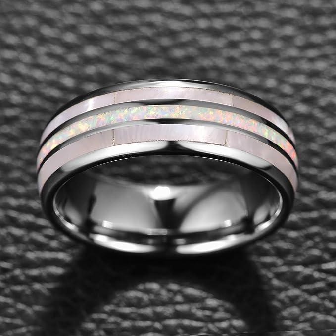 Genuine Carbide Tungsten Color: 8mm RING Opal White Shell SILVER Inner high polished inner-face design smooth and shiny. Comfort Fit Wedding Band Size 6-15