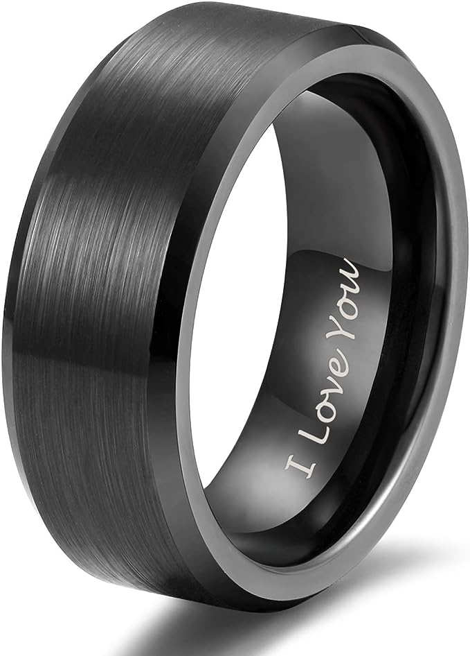 Genuine Tungsten Carbide "I Love You" Engraved Inside RING" -Black Brushed-Band Width 8mm Ring Comfort fit