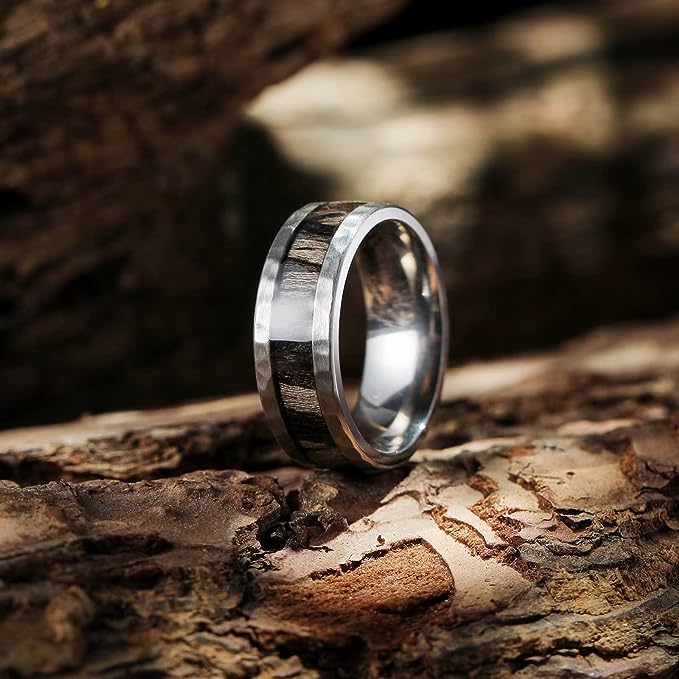 Genuine Titanium 8mm Ring Silver Hammered Center Inlaid Wood Wedding Band , Hammer and Wood inlay Perfect Combination. High Polished Comfort Fit