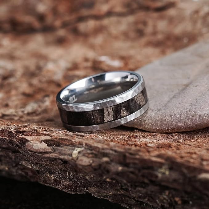 Genuine Titanium 8mm Ring Silver Hammered Center Inlaid Wood Wedding Band , Hammer and Wood inlay Perfect Combination. High Polished Comfort Fit