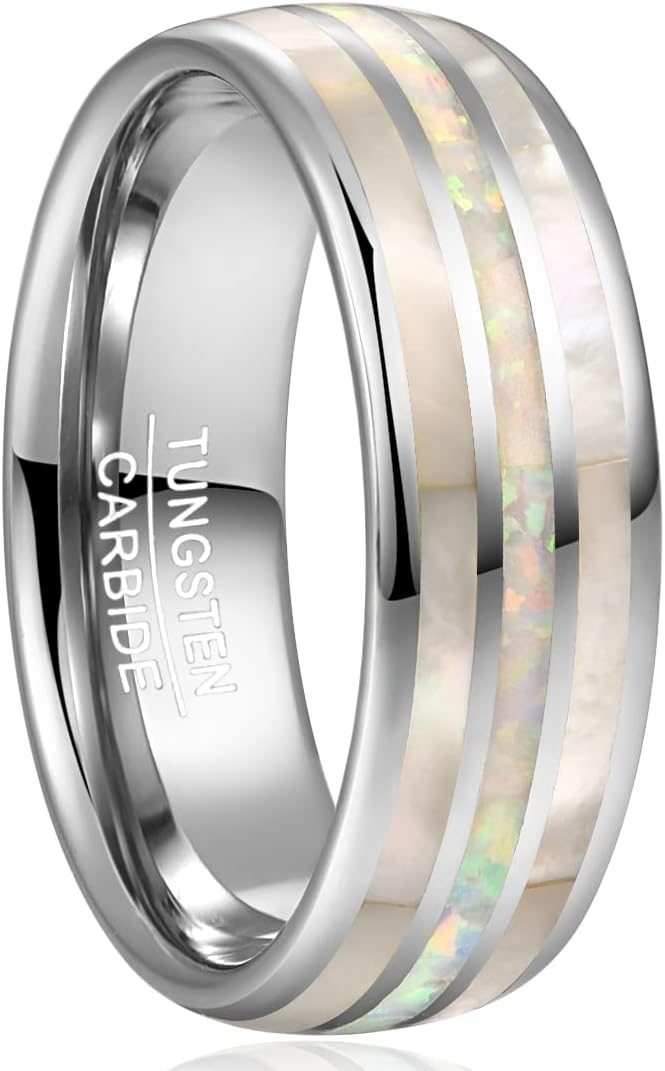 Genuine Carbide Tungsten Color: 8mm RING Opal White Shell SILVER Inner high polished inner-face design smooth and shiny. Comfort Fit Wedding Band Size 6-15