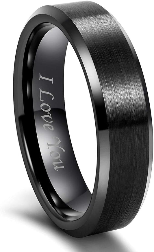 Genuine Tungsten Carbide 6MM Ring I LOVE YOU -Black Brushed-6mm Ring Comfort fit