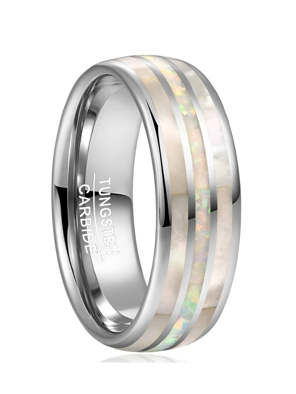 Genuine Carbide Tungsten Color: 8mm RING Opal White Shell SILVER Inner high polished inner-face design smooth and shiny. Comfort Fit Wedding Band Size 6-15