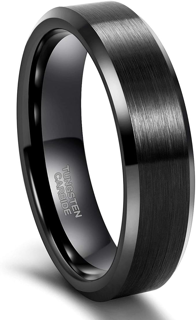 Genuine Tungsten Carbide -Black Brushed- Band Width: 6mm Ring Comfort fit