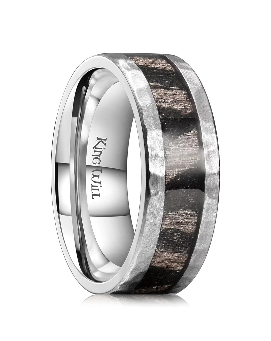 Genuine Titanium 8mm Ring Silver Hammered Center Inlaid Wood Wedding Band , Hammer and Wood inlay Perfect Combination. High Polished Comfort Fit