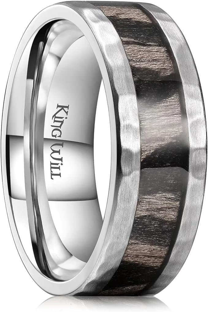 Genuine Titanium 8mm Ring Silver Hammered Center Inlaid Wood Wedding Band , Hammer and Wood inlay Perfect Combination. High Polished Comfort Fit