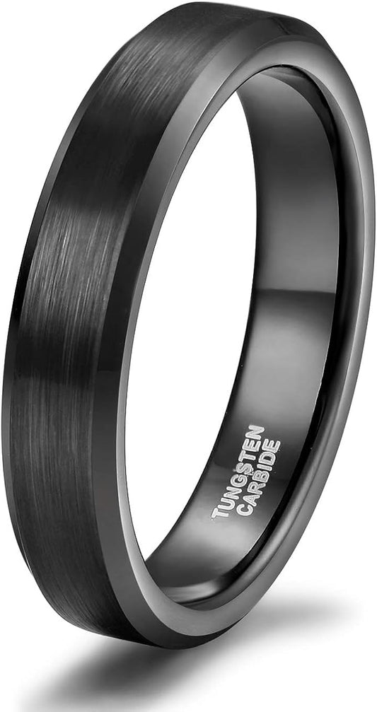 Band Width: 4mm Genuine Tungsten Carbide -Black Brushed-4mm Ring Comfort fit