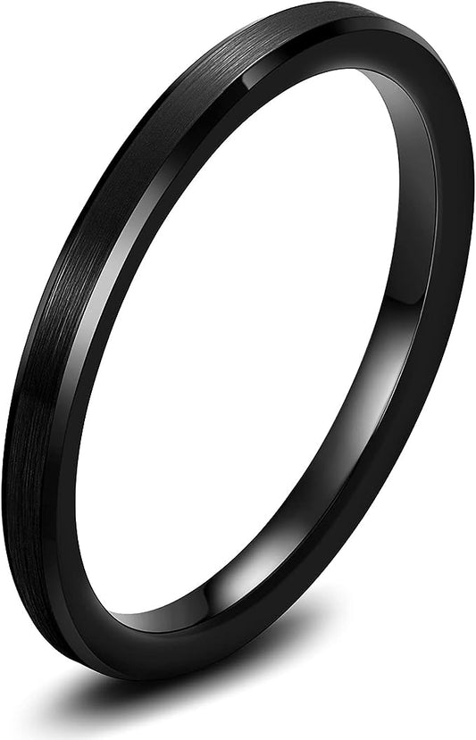 Band Width: 2mm Genuine Tungsten Carbide -Black Brushed-2mm Ring Comfort fit