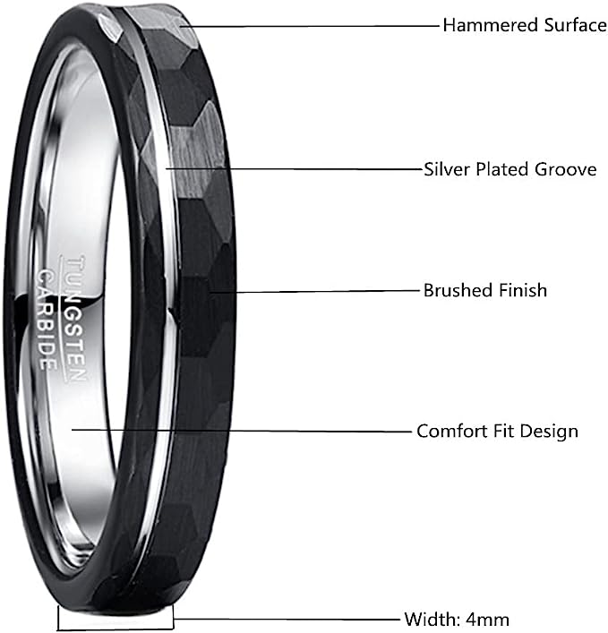 Genuine Carbide Tungsten Color: Design 4MM Silver Black Groove line, Hammered Inlay High Polished inner-face design smooth and shiny. Comfort Fit Wedding Band Size 6-15