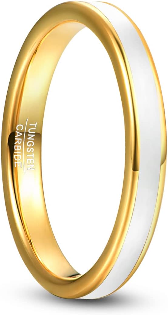 Genuine Carbide Tungsten Color: Design 3MM Gold White Inlay High Polished inner-face design smooth and shiny. Comfort Fit Wedding Band Size 6-15