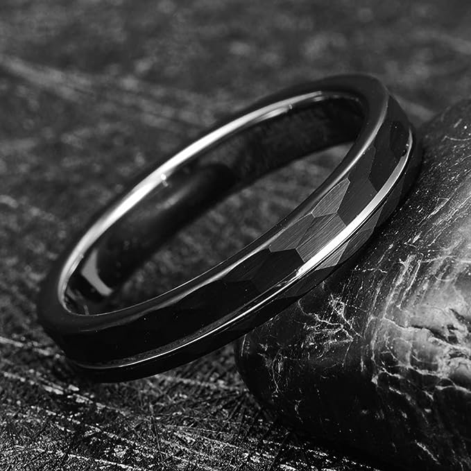 Genuine Carbide Tungsten Color: Design 4MM Silver Black Groove line, Hammered Inlay High Polished inner-face design smooth and shiny. Comfort Fit Wedding Band Size 6-15