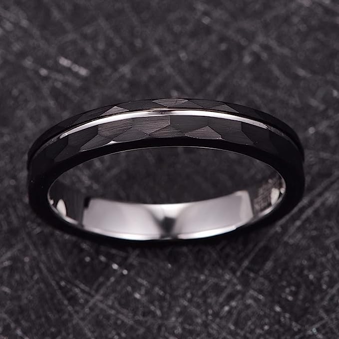 Genuine Carbide Tungsten Color: Design 4MM Silver Black Groove line, Hammered Inlay High Polished inner-face design smooth and shiny. Comfort Fit Wedding Band Size 6-15