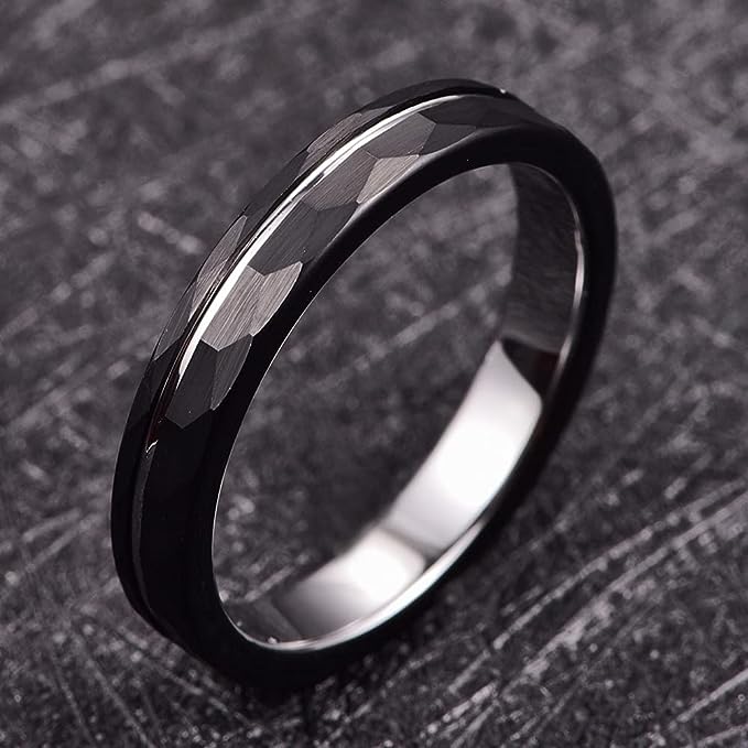 Genuine Carbide Tungsten Color: Design 4MM Silver Black Groove line, Hammered Inlay High Polished inner-face design smooth and shiny. Comfort Fit Wedding Band Size 6-15