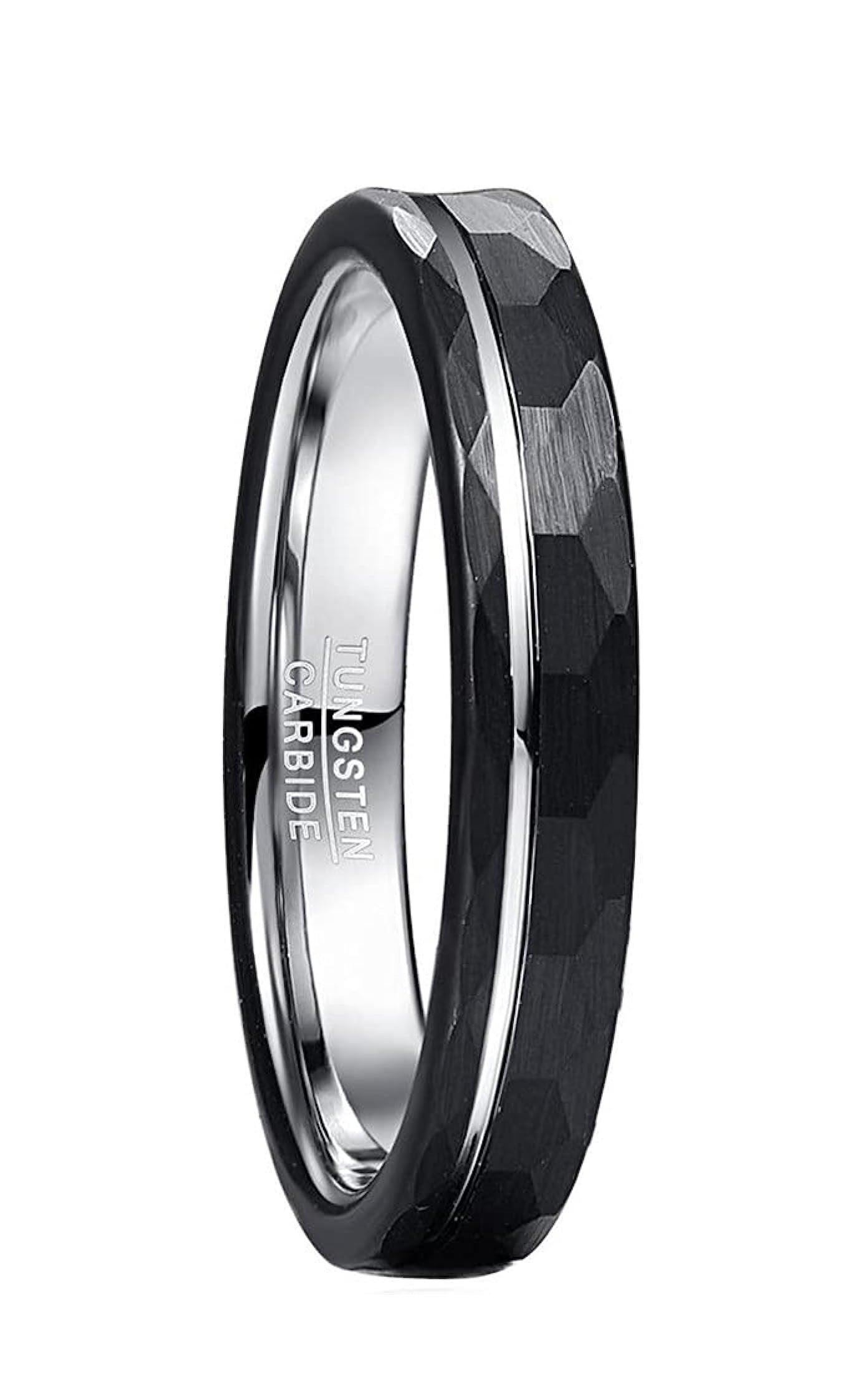 Genuine Carbide Tungsten Color: Design 4MM Silver Black Groove line, Hammered Inlay High Polished inner-face design smooth and shiny. Comfort Fit Wedding Band Size 6-15