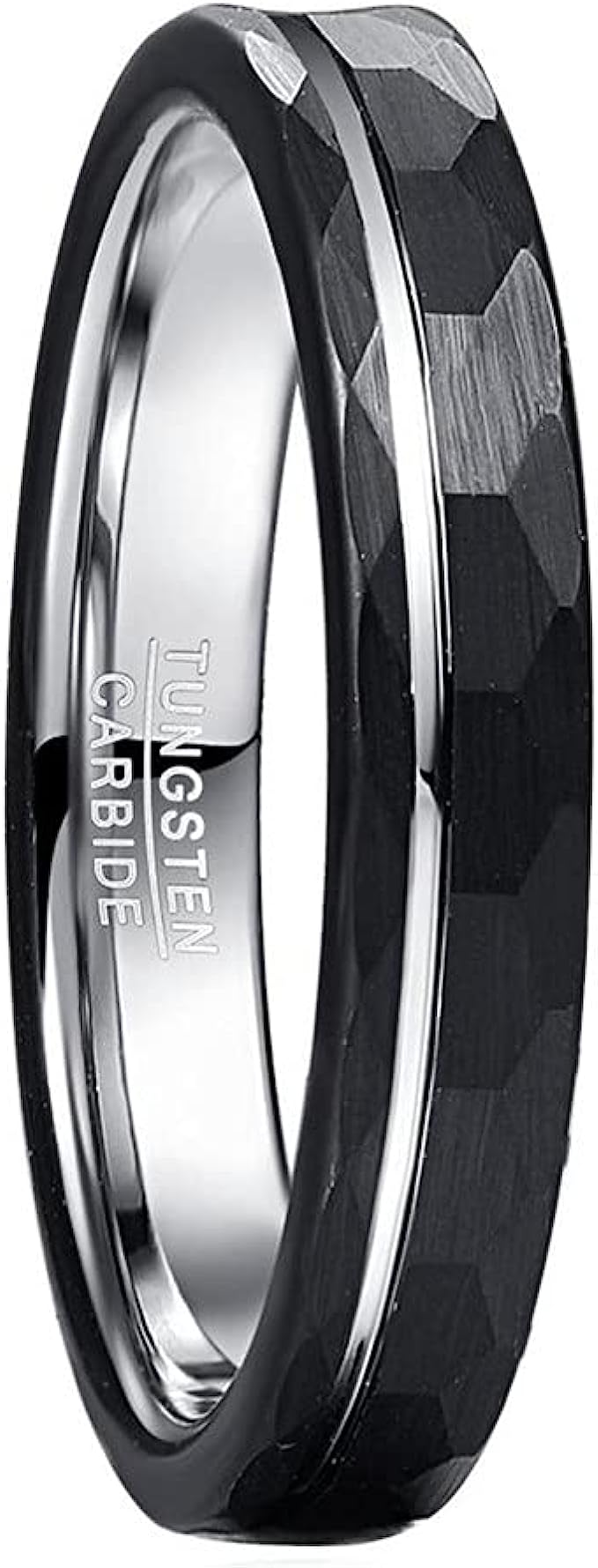 Genuine Carbide Tungsten Color: Design 4MM Silver Black Groove line, Hammered Inlay High Polished inner-face design smooth and shiny. Comfort Fit Wedding Band Size 6-15