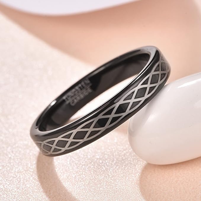 Genuine Carbide Tungsten Color: 4MM Black Design laser celtic knot pattern,  Inlay High Polished inner-face design smooth and shiny. Comfort Fit Wedding Band Size 6-15