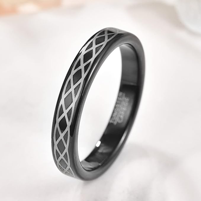 Genuine Carbide Tungsten Color: 4MM Black Design laser celtic knot pattern,  Inlay High Polished inner-face design smooth and shiny. Comfort Fit Wedding Band Size 6-15