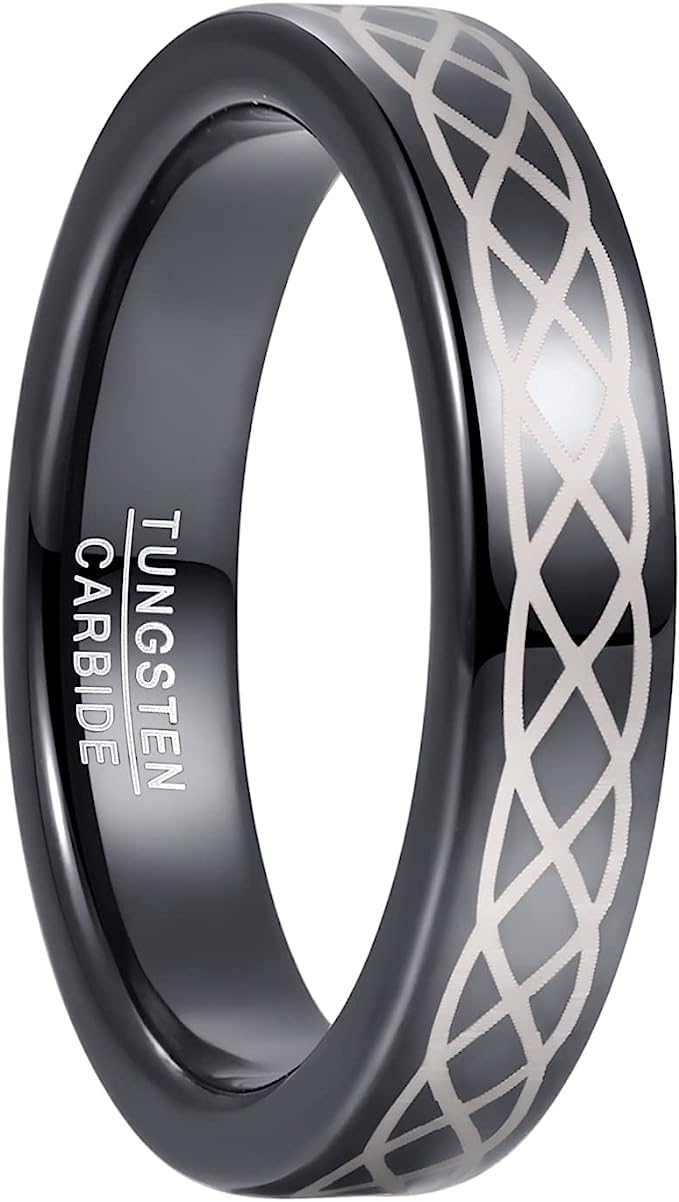 Genuine Carbide Tungsten Color: 4MM Black Design laser celtic knot pattern,  Inlay High Polished inner-face design smooth and shiny. Comfort Fit Wedding Band Size 6-15