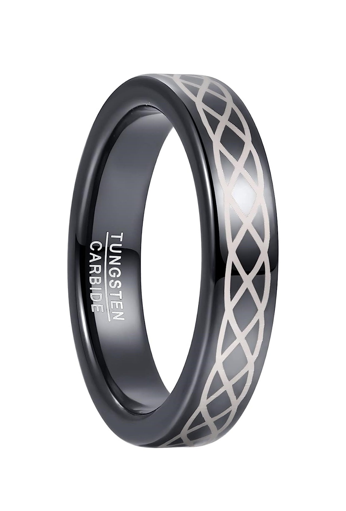 Genuine Carbide Tungsten Color: 4MM Black Design laser celtic knot pattern,  Inlay High Polished inner-face design smooth and shiny. Comfort Fit Wedding Band Size 6-15