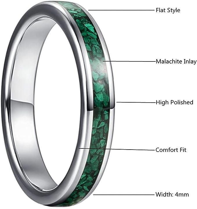 Genuine Carbide Tungsten Color: 4MM Green Silver Design Malachite Inlay High Polished inner-face design smooth and shiny. Comfort Fit Wedding Band Size 6-15